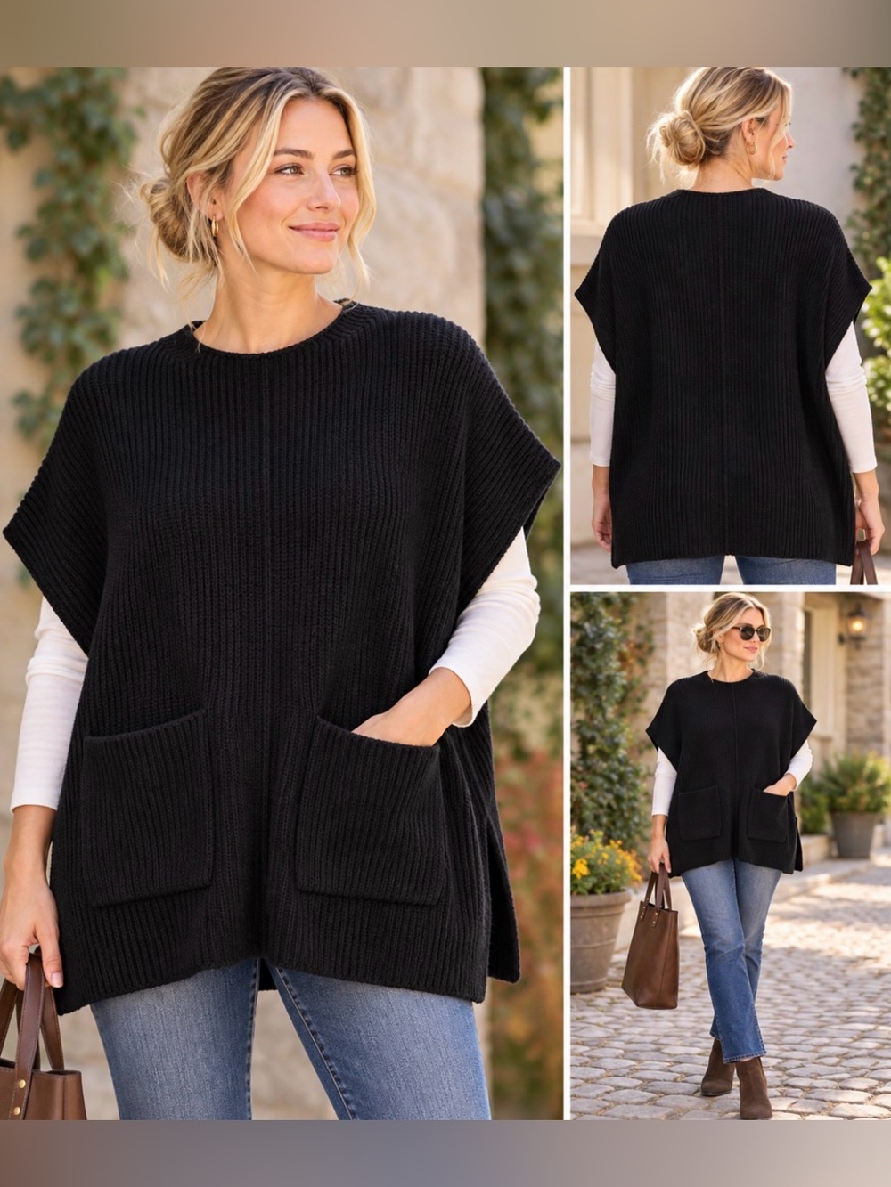 Wilfred Soft Black Wool Poncho Sweater w Wide Boatneck, Pockets & Drop Shoulder